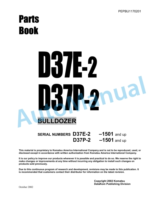 Komatsu D37E-2, D37P-2 Bull Dozer Parts Manual PEPDU1170201