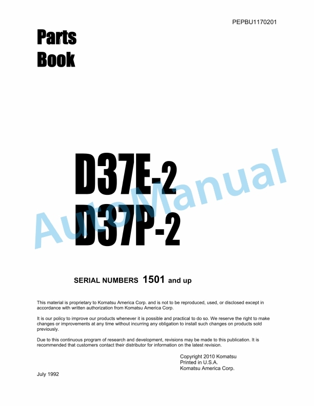 Komatsu D37E-2, D37P-2 Parts Manual PEPBU1170201