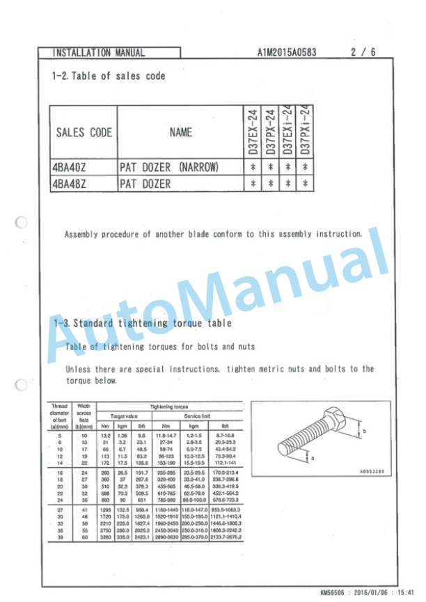 Komatsu D37EX-24, D37PX-24, D37EXi-24, D37PXi-24 Bull Dozer Field Assembly Instruction A1M2015A0583-4