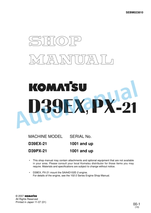 Komatsu D39EX-21, D39PX-21 Bull Dozer Shop Manual SEBM023810