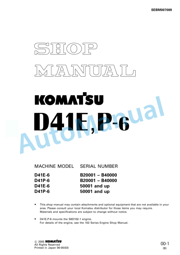 Komatsu D41E-6, D41P-6 Bull Dozer Shop Manual SEBM007009