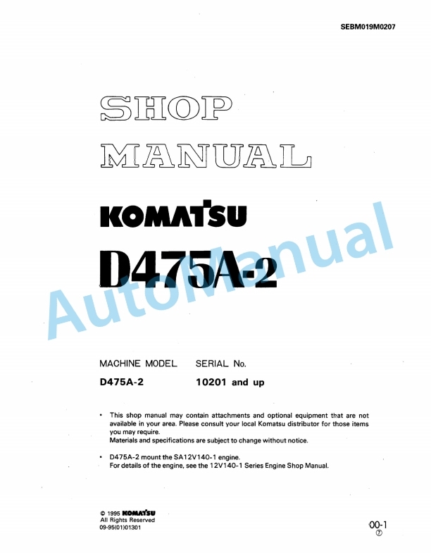 Komatsu D475A-2 Bull Dozer Shop Manual SEBM019M0207