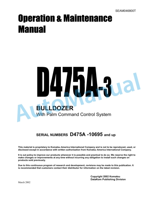 Komatsu D475A-3 Bull Dozer Operation and Maintenance Manual SEAM046800T