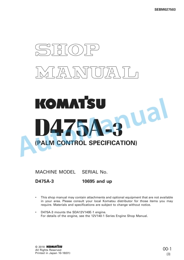Komatsu D475A-3 Bull Dozer Shop Manual SEBM027503