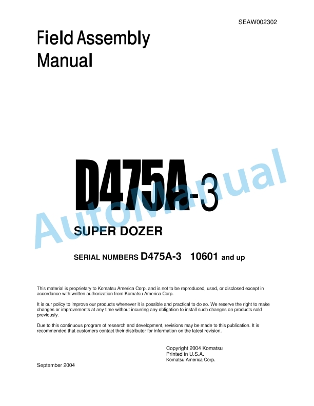 Komatsu D475A-3 Super Dozer Field Assembly Manual SEAW002302