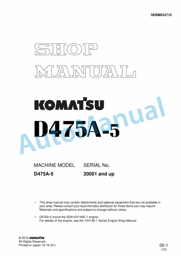 Komatsu D475A-5 Bull Dozer Shop Manual SEBM033710