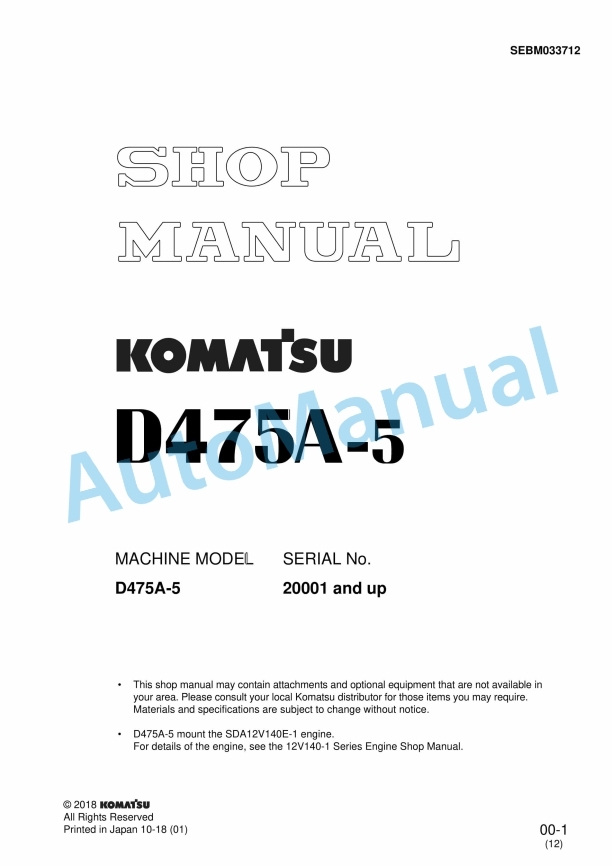 Komatsu D475A-5 Bull Dozer Shop Manual SEBM033712