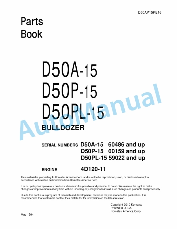 Komatsu D50A-15, D50P-15, D50PL-15 Bulldozer Parts Manual D50AP15PE16
