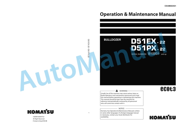 Komatsu D51EX-22, D51PX-22 Bull Dozer Operation and Maintenance Manual CEAM002501