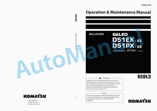Komatsu D51EX-22, D51PX-22 Bull Dozer Operation and Maintenance Manual CEAM018700