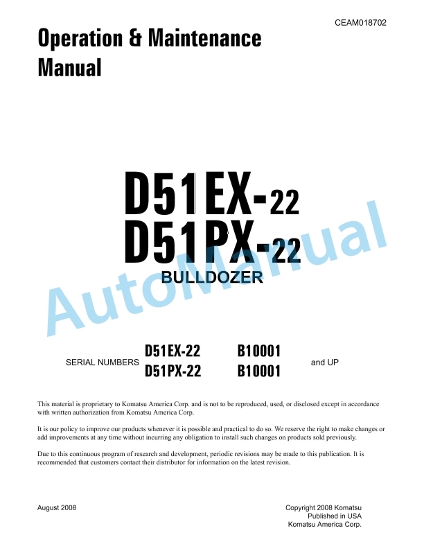 Komatsu D51EX-22, D51PX-22 Bull Dozer Operation and Maintenance Manual CEAM018702