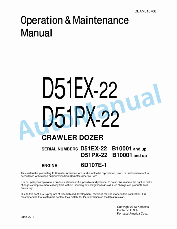 Komatsu D51EX-22, D51PX-22 Crawler Dozer Operation and Maintenance Manual CEAM018708