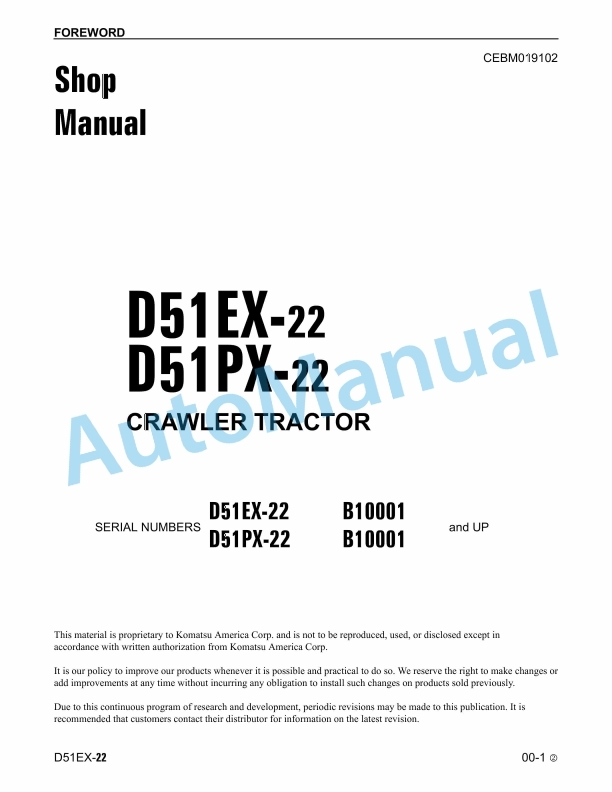Komatsu D51EX-22, D51PX-22 Crawler Dozer Shop Manual CEBM019102