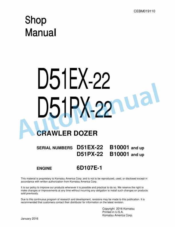 Komatsu D51EX-22, D51PX-22 Crawler Dozer Shop Manual CEBM019110