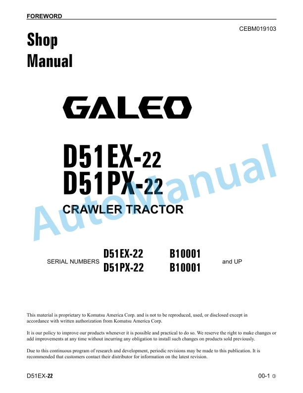 Komatsu D51EX-22, D51PX-22 Galeo Crawler Dozer Shop Manual CEBM019103