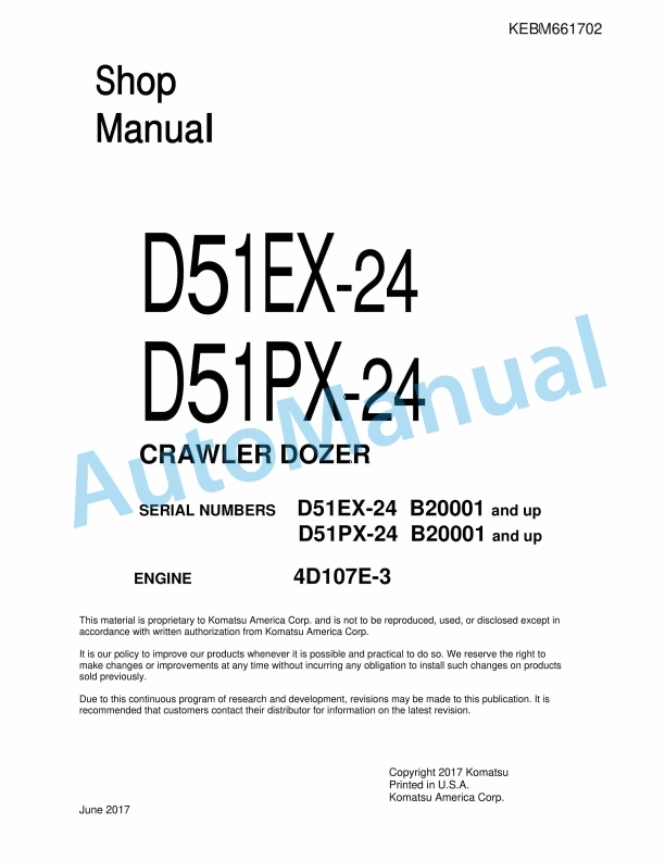 Komatsu D51EX-24, D51PX-24 Crawler Dozer Shop Manual KEBM661702