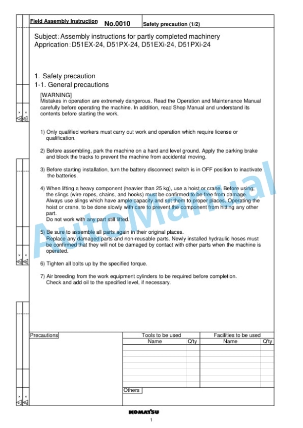 Komatsu D51EX-24, D51PX-24, D51EXi-24, D51PXi-24 Bull Dozer Field Assembly Instruction GEN00160-00-3