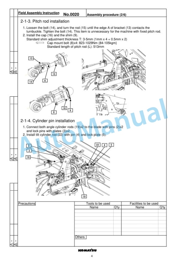Komatsu D51EX-24, D51PX-24, D51EXi-24, D51PXi-24 Bull Dozer Field Assembly Instruction GEN00160-00-4