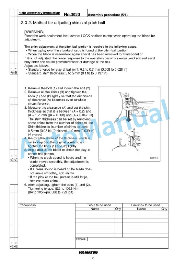 Komatsu D51EX-24, D51PX-24, D51EXi-24, D51PXi-24 Bull Dozer Field Assembly Instruction GEN00160-00-5