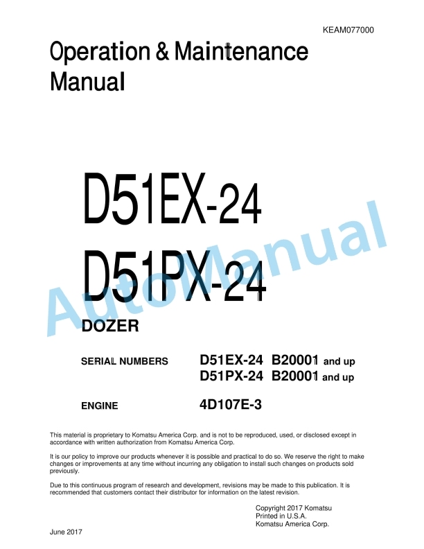 Komatsu D51EX-24, D51PX-24 Dozer Operation and Maintenance Manual KEAM077000
