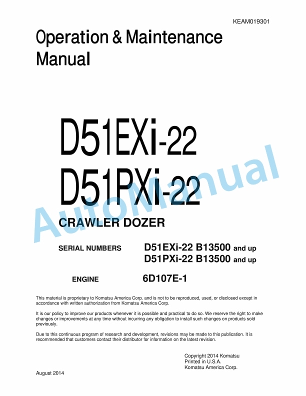 Komatsu D51EXi-22, D51PXi-22 Crawler Dozer Operation and Maintenance Manual KEAM019301