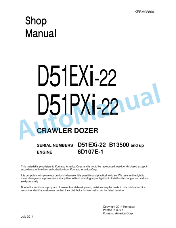Komatsu D51EXi-22, D51PXi-22 Crawler Dozer Shop Manual KEBM028601