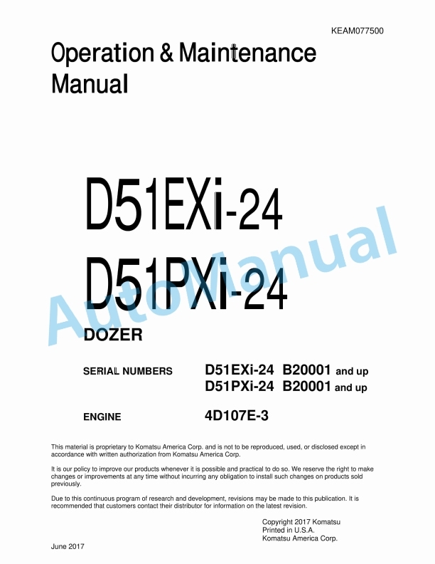 Komatsu D51EXi-24, D51PXi-24 Dozer Operation and Maintenance Manual KEAM077500