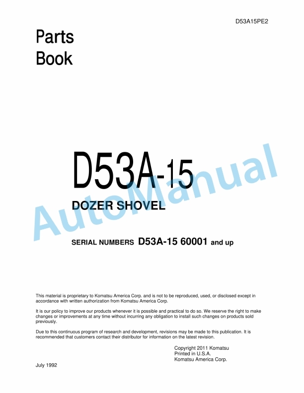 Komatsu D53A-15 Crawler Dozers Parts Manual D53A15PE2