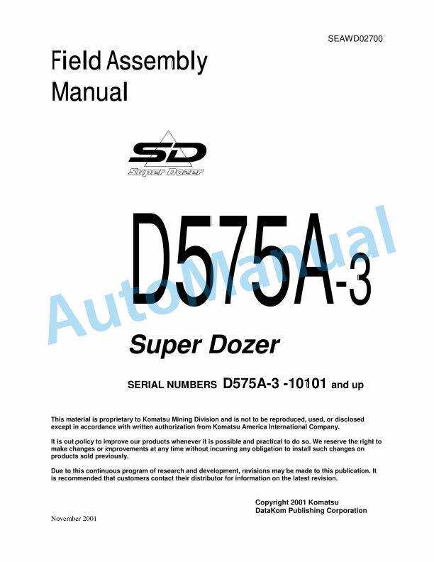Komatsu D575A-3 Super Dozer Field Assembly Manual SEAWD02700
