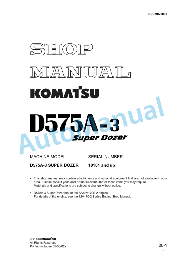 Komatsu D575A-3 Super Dozer Shop Manual SEBM022003