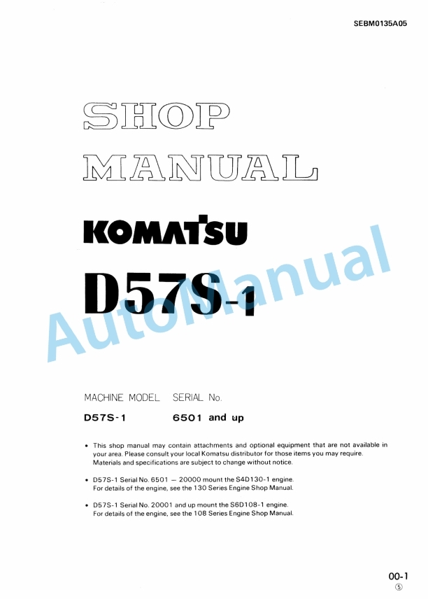 Komatsu D57S-1 Dozer Shovel Shop Manual SEBM0135A05