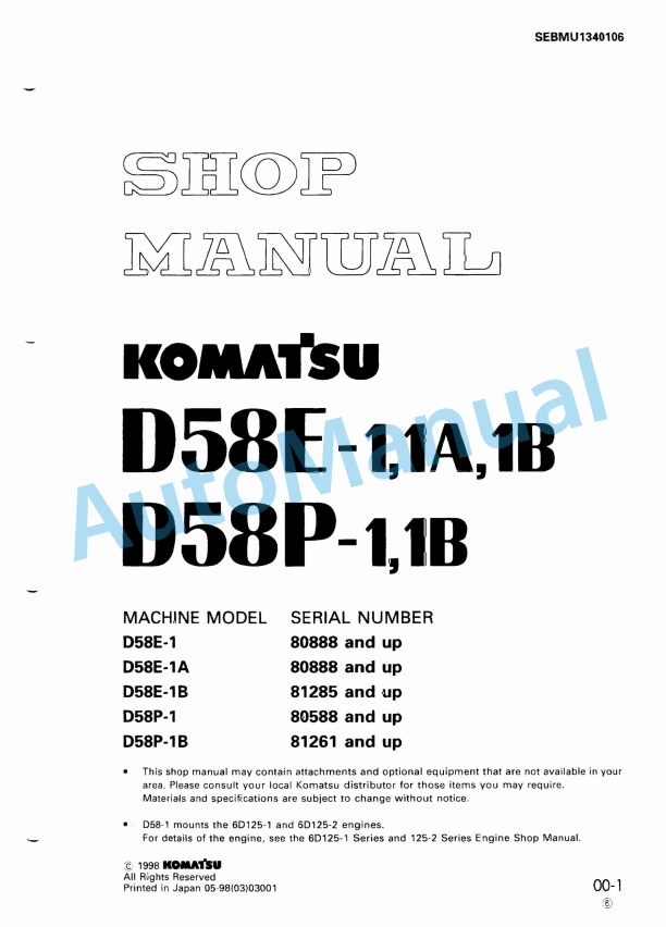 Komatsu D58E-1, D58E-1A, D58E-1B, D58P-1, D58P-1B Bull Dozer Shop Manual SEBMU1340106