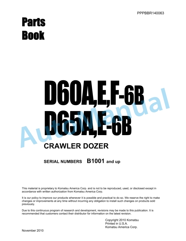 Komatsu D60A-6B, D60E-6B, D60F-6B, D65A-6B, D65E-6B Crawler Dozer Parts Manual PPPBBR140063