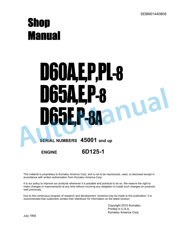 Komatsu D60A-8, D60E-8, D60P-8, D60PL-8, D65A-8, D65E-8, D65P-8, D65E-8A, D65P-8A Bull Dozer Shop Manual SEBM01440809
