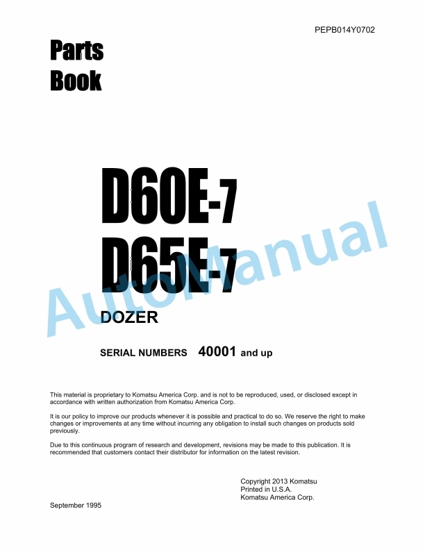 Komatsu D60E-7, D65E-7 Dozer Parts Manual PEPB014Y0702