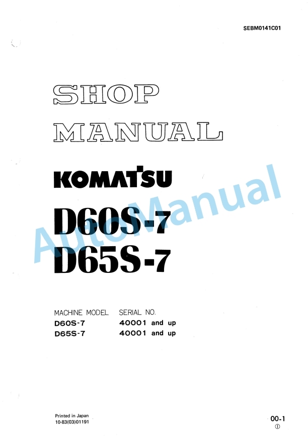 Komatsu D60S-7, D65S-7 Bulldozer Shop Manual SEBM0141C01