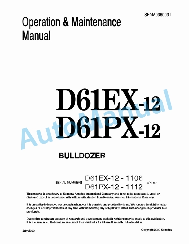 Komatsu D61EX-12, D61PX-12 Bull Dozer Operation and Maintenance Manual SEAM035003T