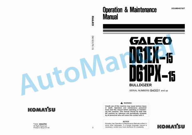 Komatsu D61EX-15, D61PX-15 Bull Dozer Operation and Maintenance Manual KEAM049700T
