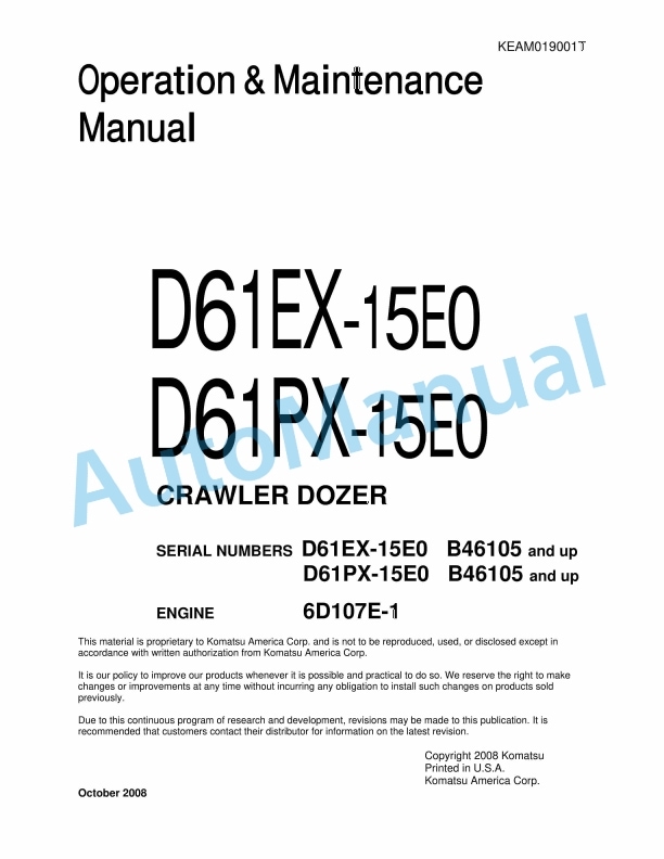Komatsu D61EX-15E0, D61PX-15E0 Crawler Dozer Operation and Maintenance Manual KEAM019001T