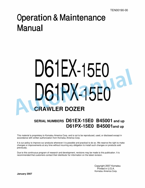Komatsu D61EX-15E0, D61PX-15E0 Crawler Dozer Operation and Maintenance Manual TEN00190-00