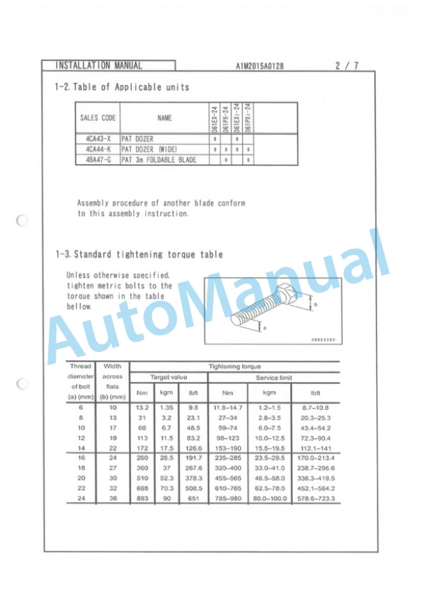 Komatsu D61EX-24, D61EX-24E0, D61PXi-24, D61PXi-24E0 Bull Dozer Field Assembly Instruction A1M2015A0128-4