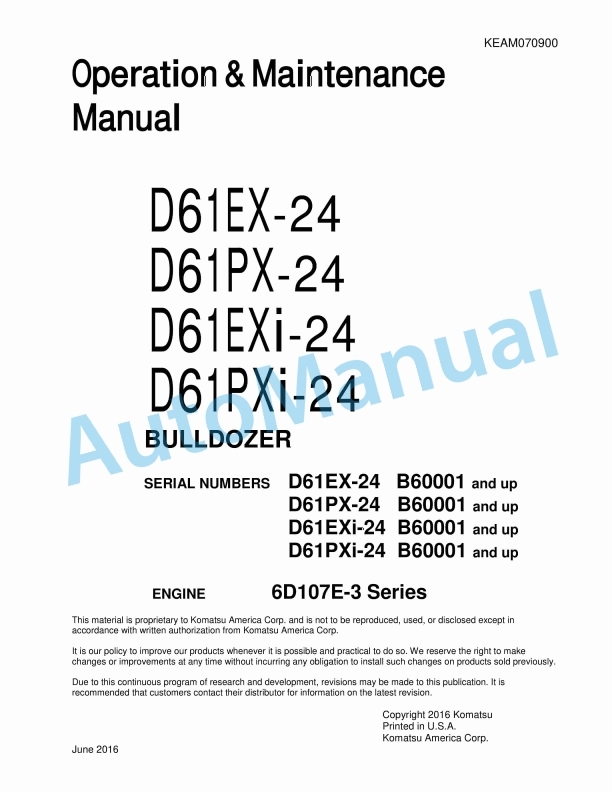 Komatsu D61EX-24, D61PX-24, D61EXi-24, D61PXi-24 Bull Dozer Operation and Maintenance Manual KEAM070900