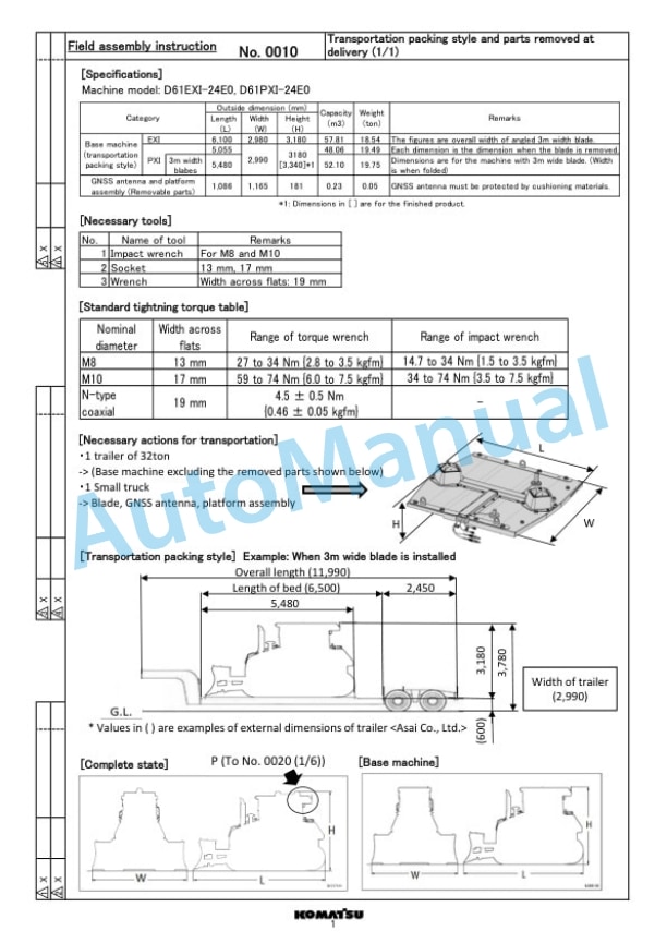 Komatsu D61EXi-24E0, D61PXi-24E0 Bull Dozer Field Assembly Instruction GEN00215-00-2