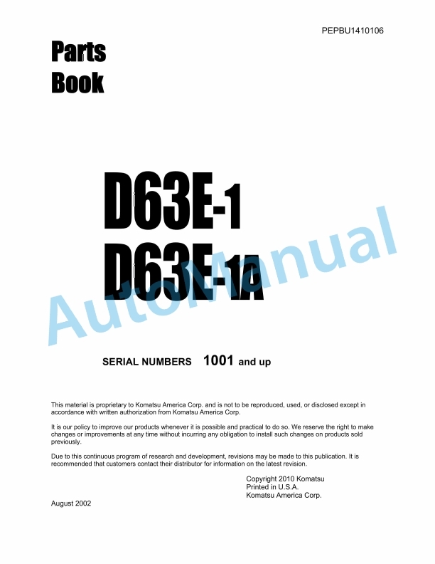 Komatsu D63E-1, D63E-1A Parts Manual PEPBU1410106