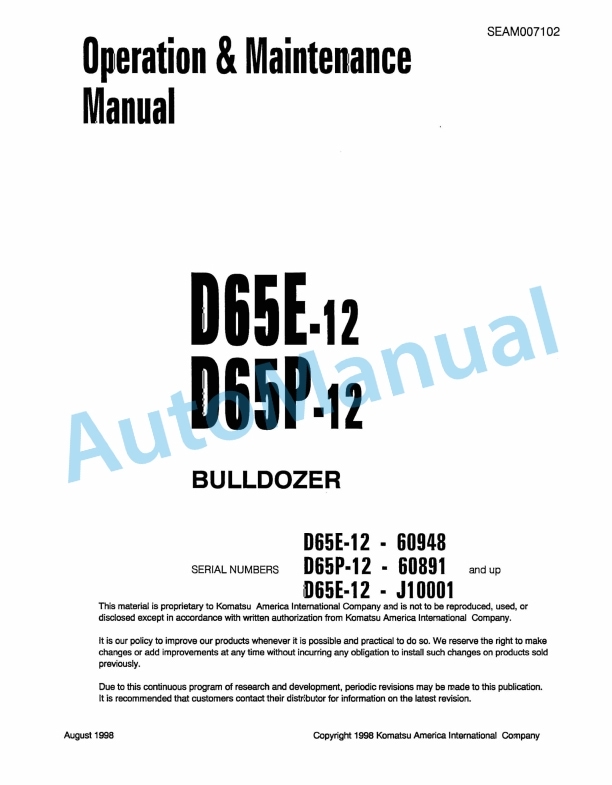 Komatsu D65E-12, D65P-12 Bull Dozer Operation and Maintenance Manual SEAM007102