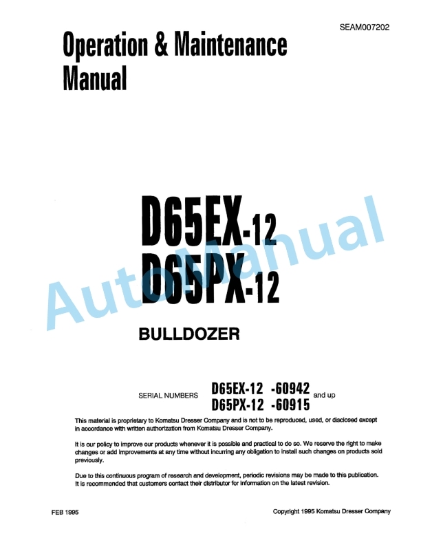 Komatsu D65EX-12, D65PX-12 Bull Dozer Operation and Maintenance Manual SEAM007202
