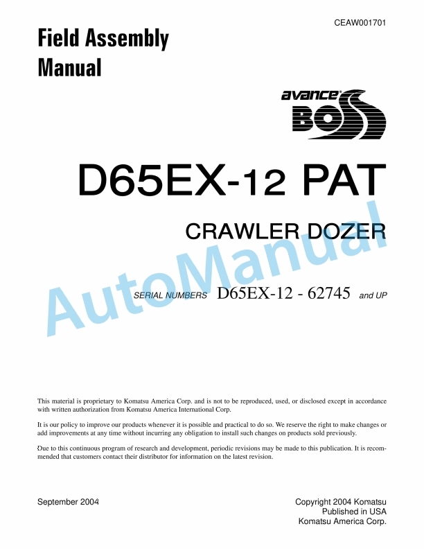 Komatsu D65EX-12 PAT Crawler Dozer Field Assembly Instruction CEAW001701