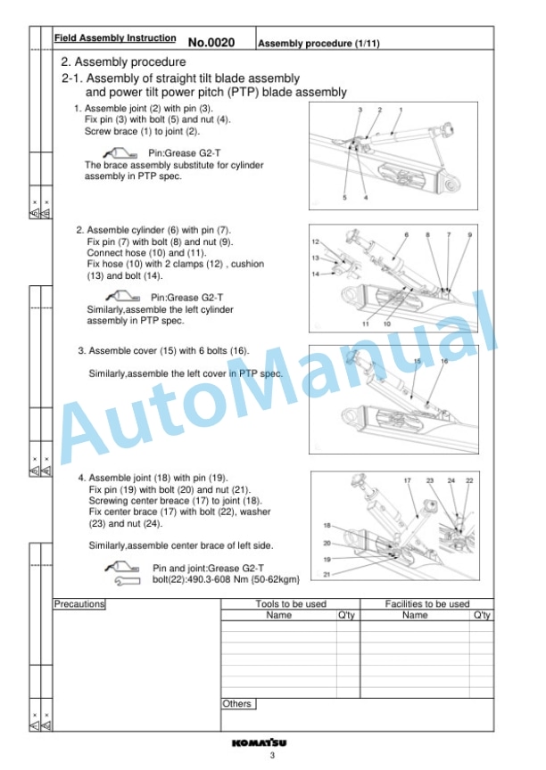 Komatsu D65EX-16, D65PX-16, D65WX-16 Bull Dozer Field Assembly Instruction GEN00170-00-3