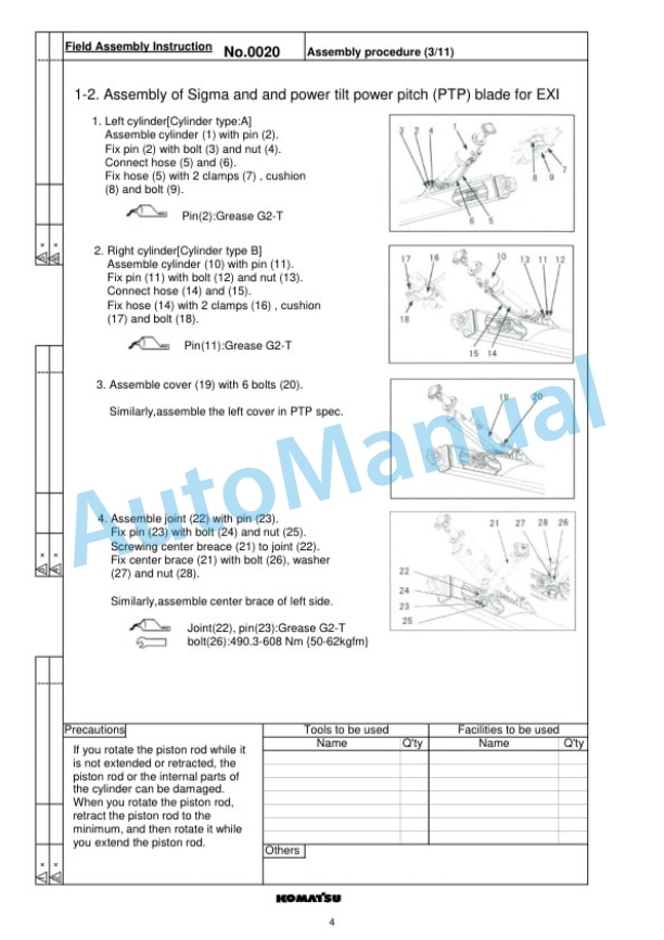 Komatsu D65EXi-18E0, D65PXi-18E0 Bull Dozer Field Assembly Instruction GEN00240-01-2