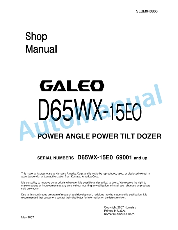 Komatsu D65WX-15E0 Galeo Power Angle Power Tilt Dozer Shop Manual SEBM040800